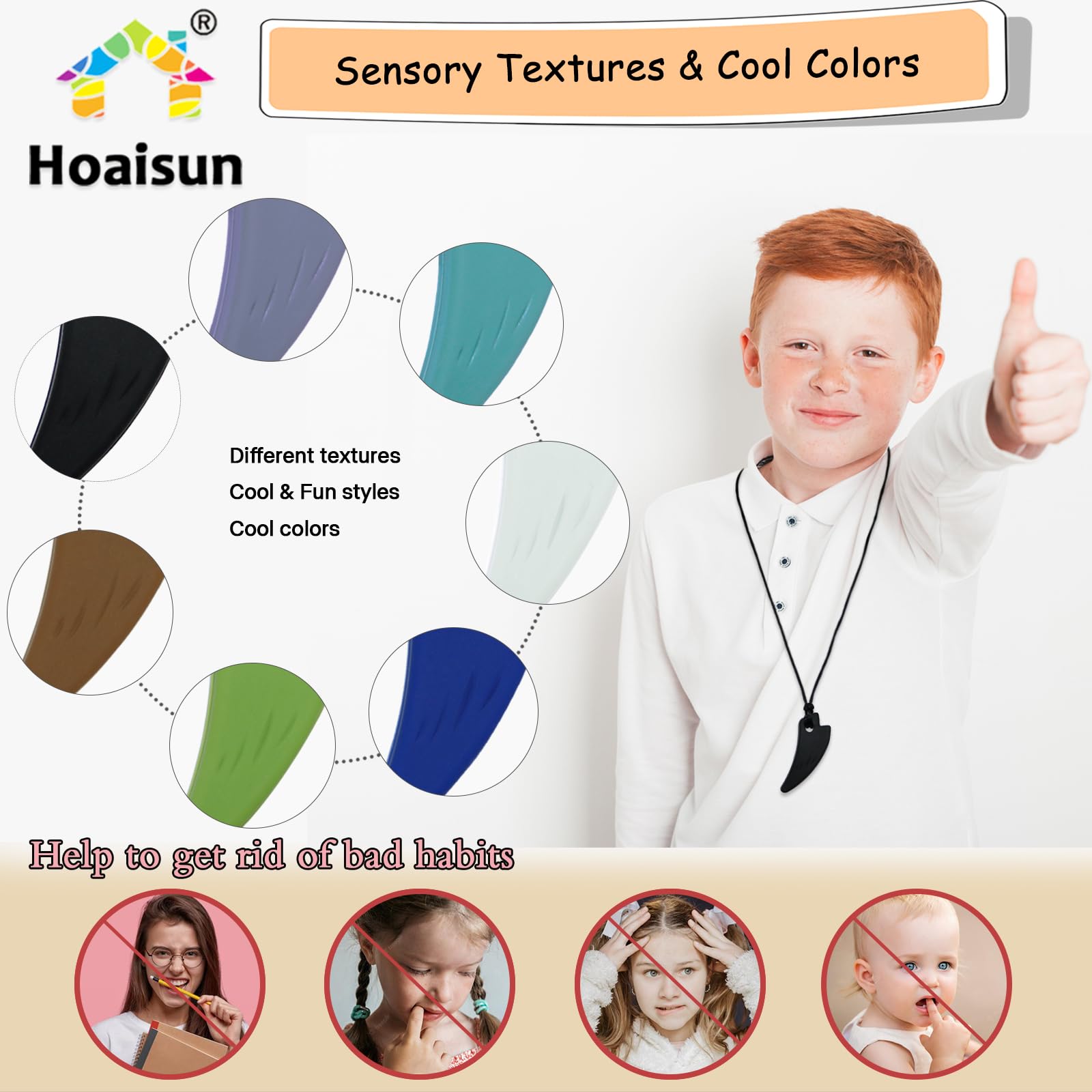 Hoaisun BPA-free silicone sensory necklace for safe daily use and easy cleaning.