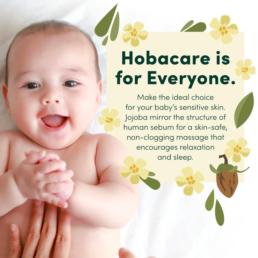 Closeup of HobaCare jojoba baby oil bottle highlighting the pump and pure oil