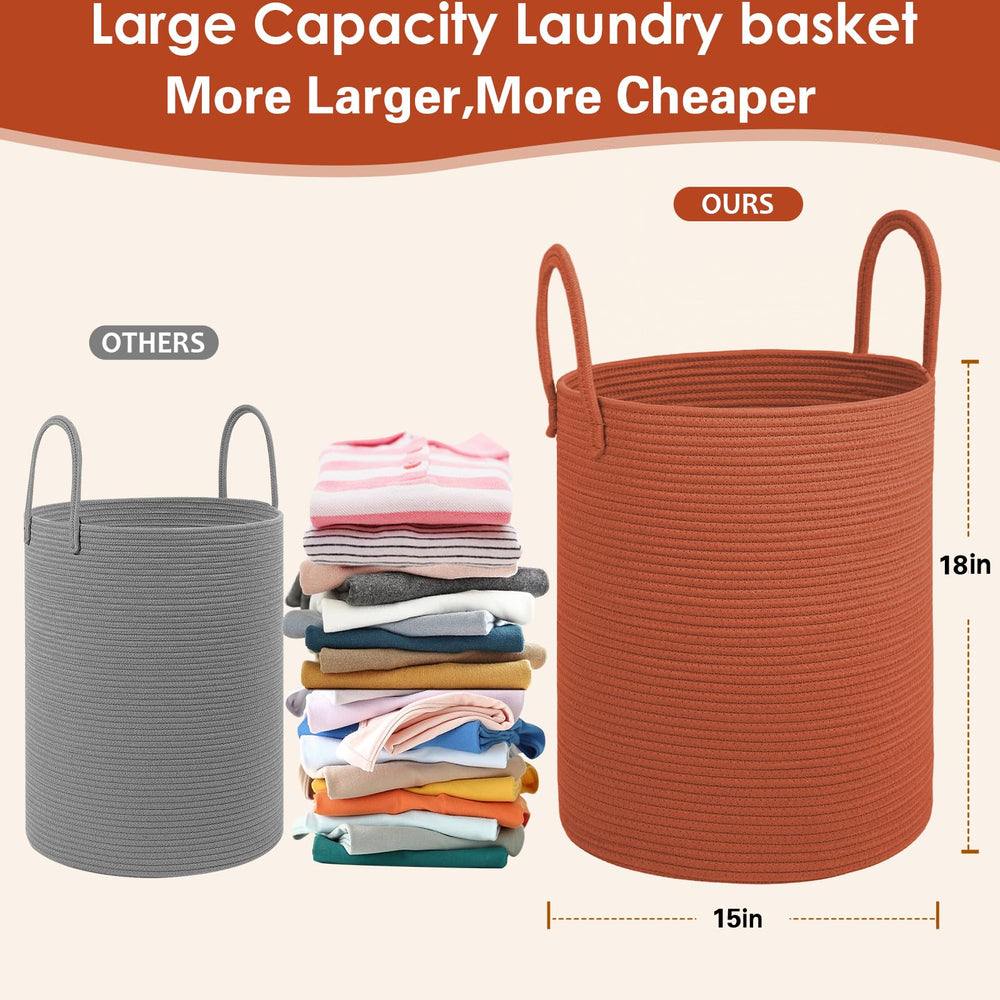 Close-up of HOBASKET cotton rope basket showing durable handles for transport.