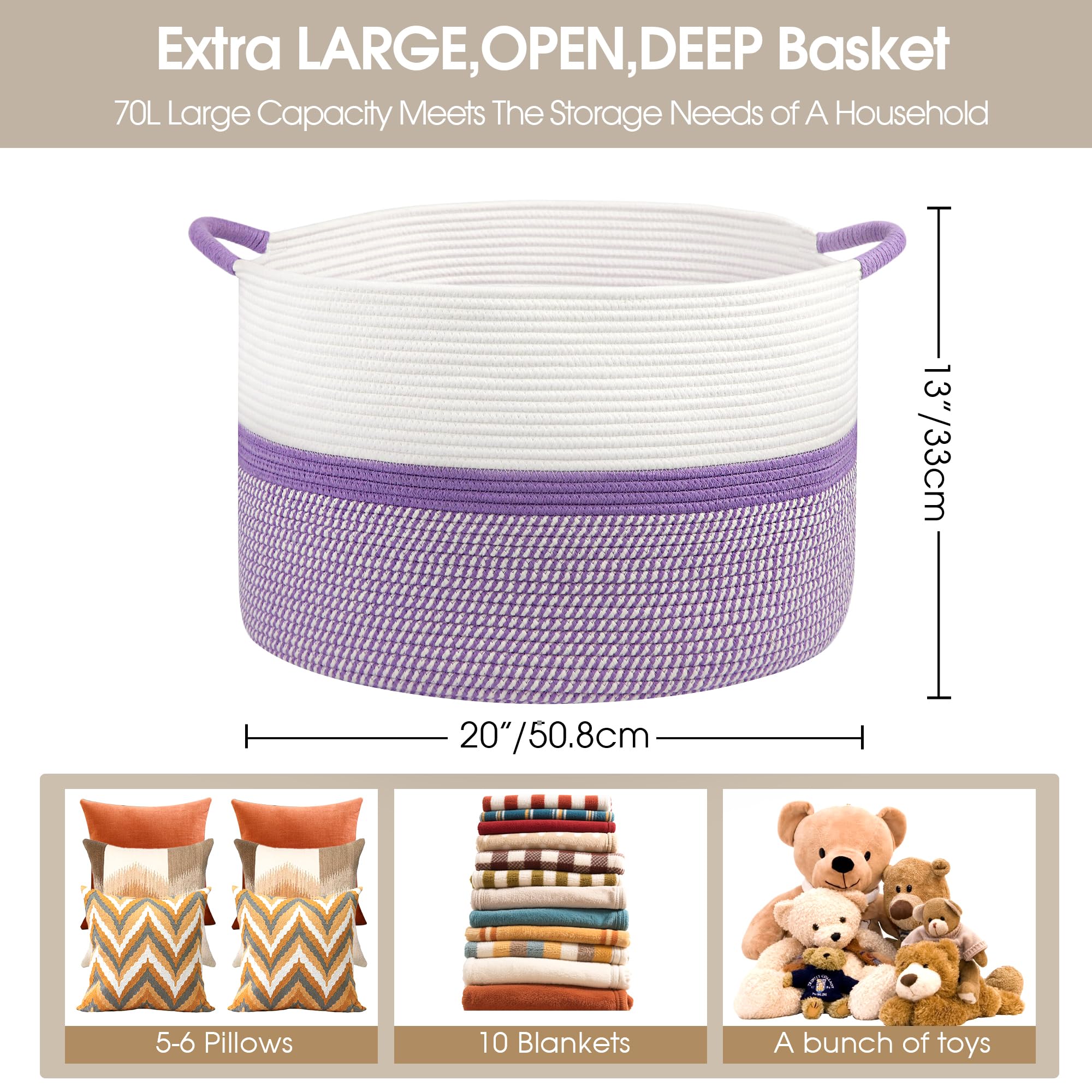 HOBASKET large rope basket side view highlights easy access and room organization