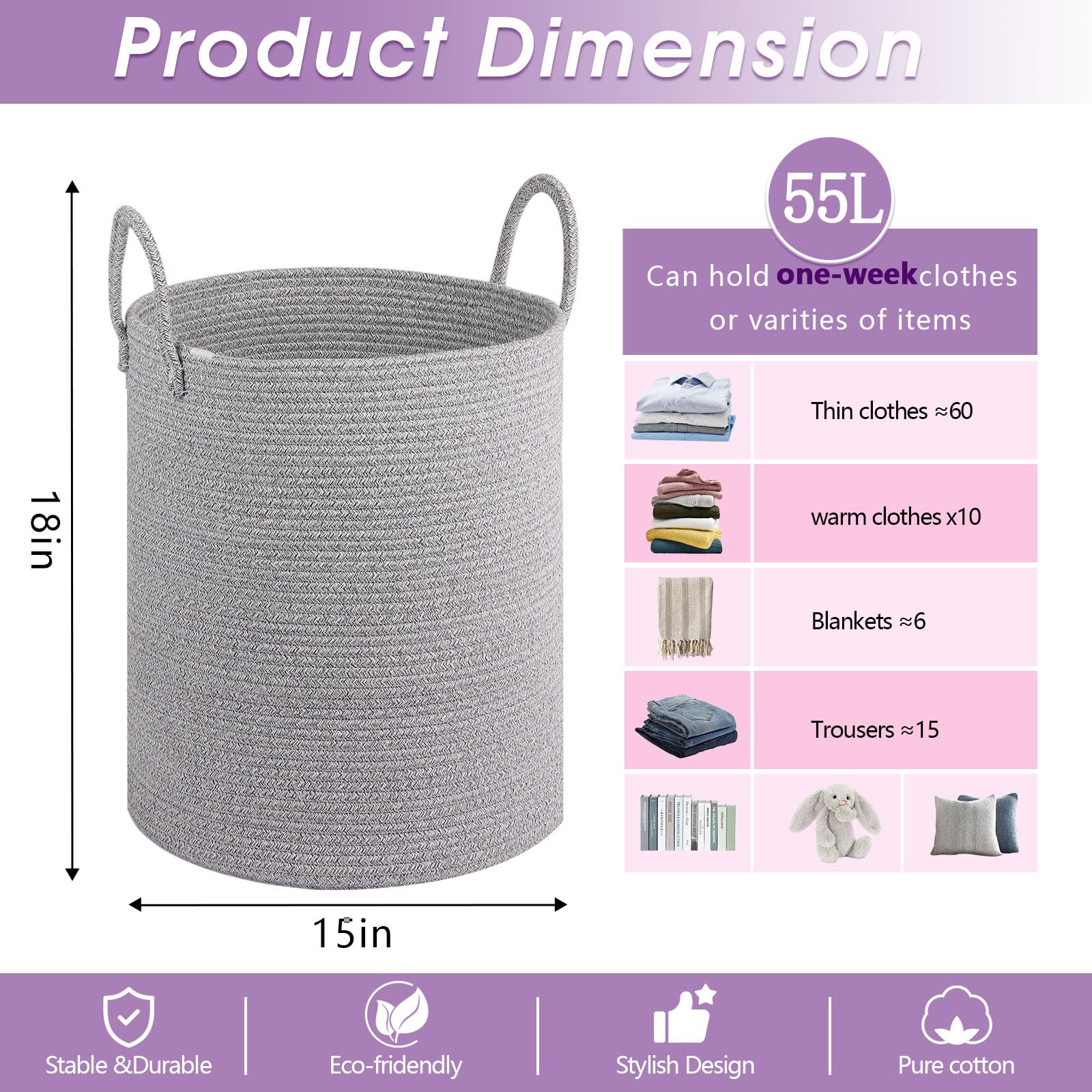 HOBASKET laundry hamper with two handles for easy room-to-room transport