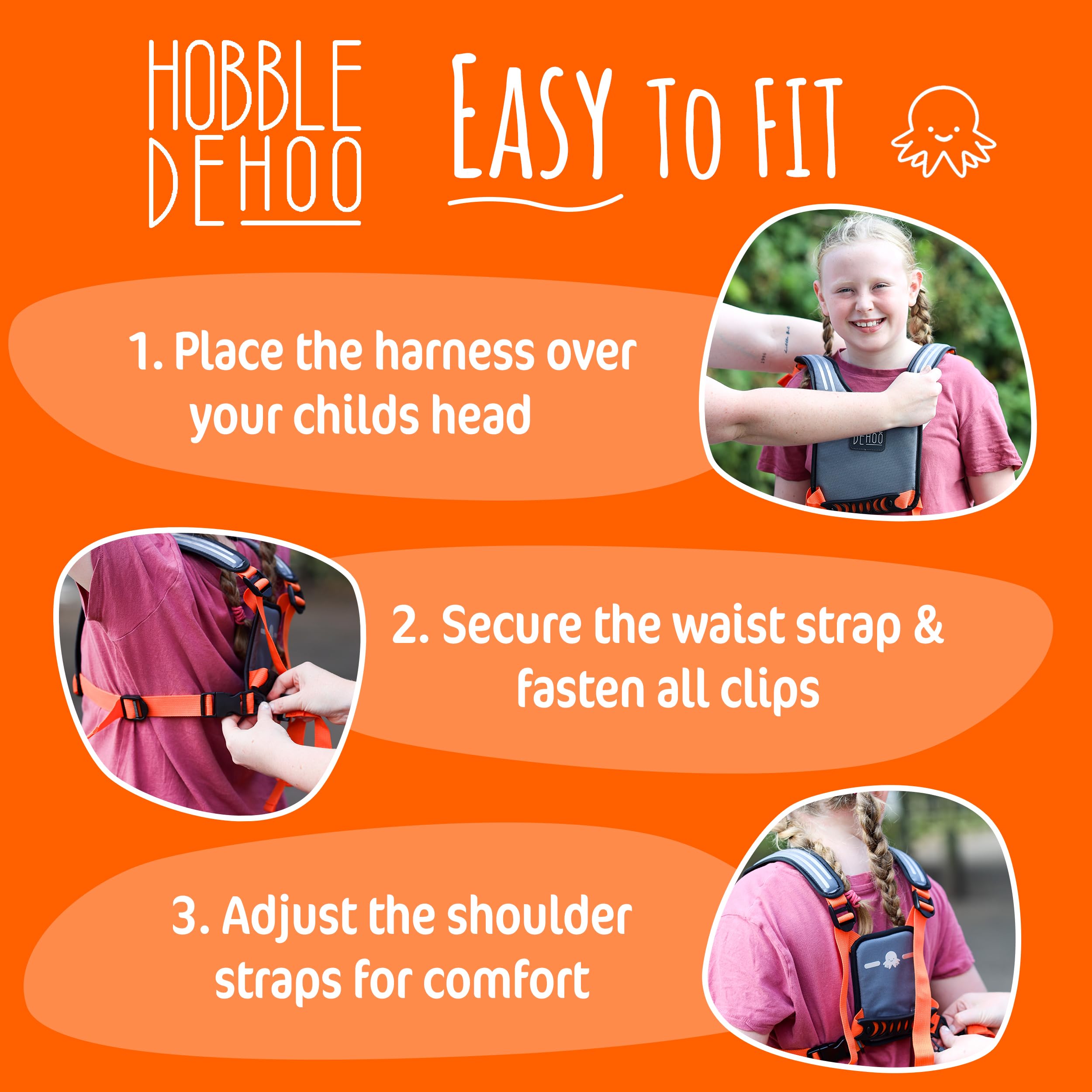 Hobble De Hoo Active XL harness over-head donning shows ease