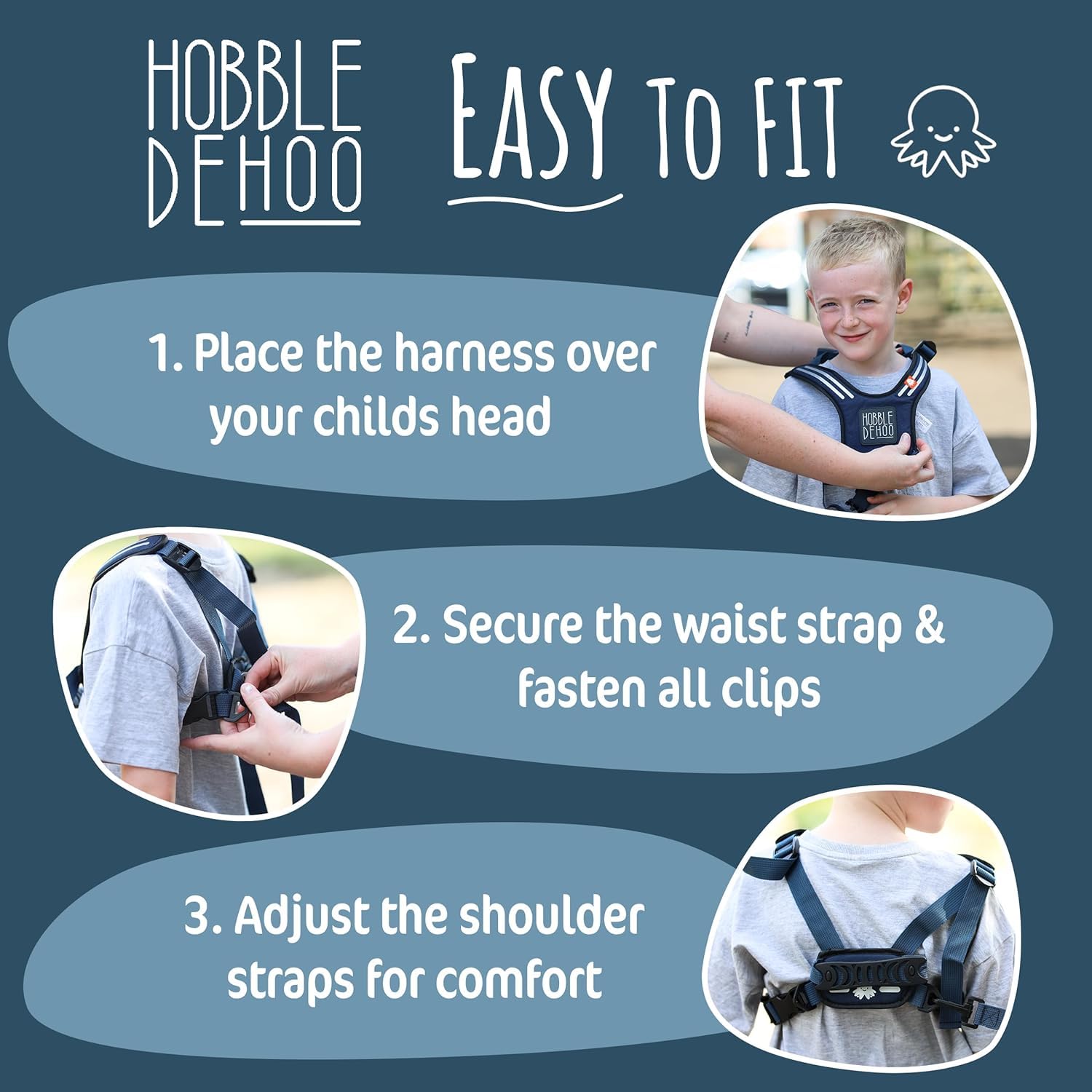 Hobble De Hoo blue back handle offers extra control during outings.