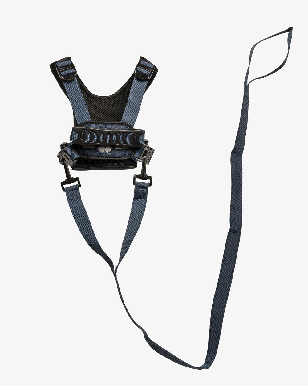 Hobble De Hoo blue harness back view supports supervising kids outdoors.