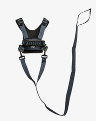 Hobble De Hoo blue harness back view supports supervising kids outdoors.