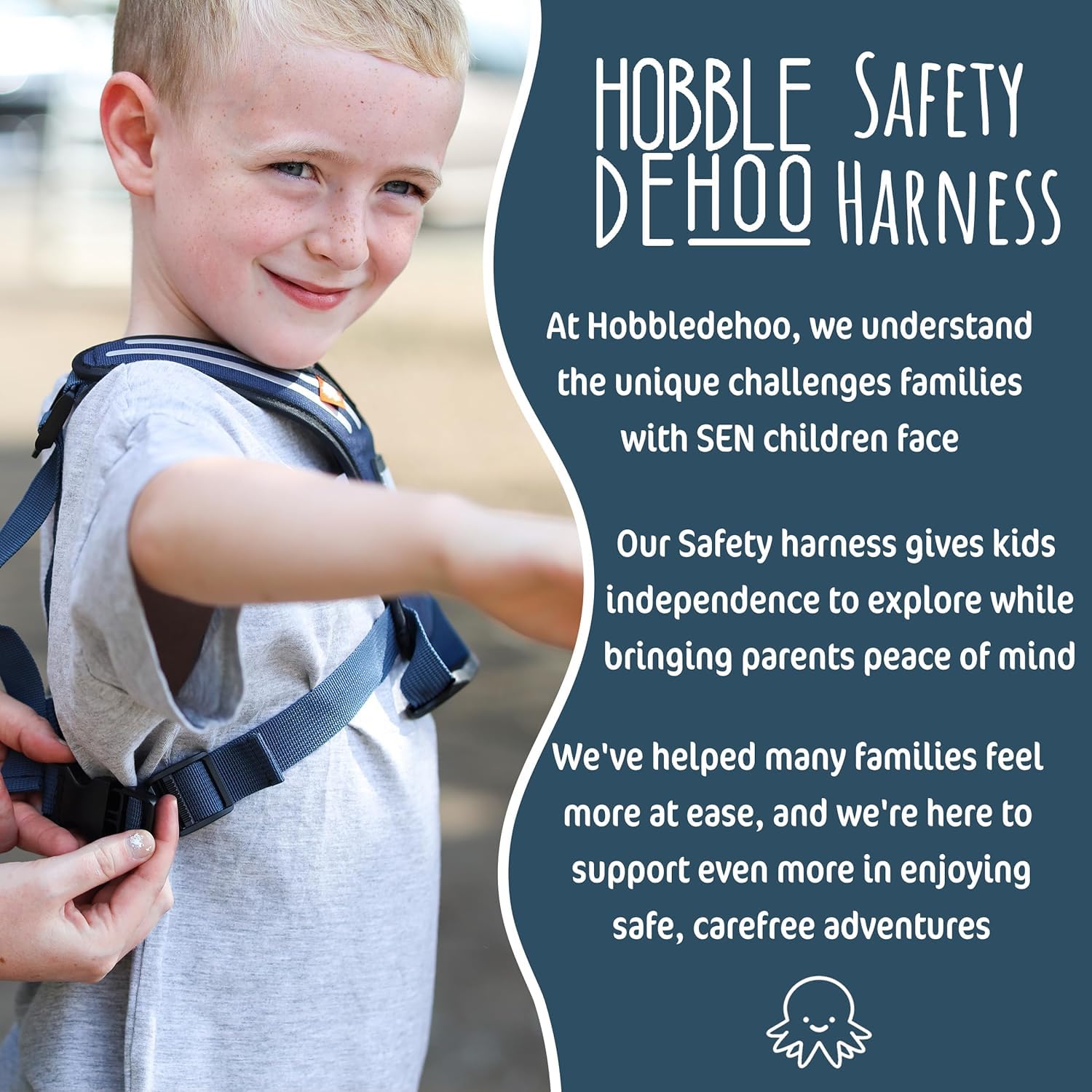 Hobble De Hoo blue detachable safety lead keeps child within reach.