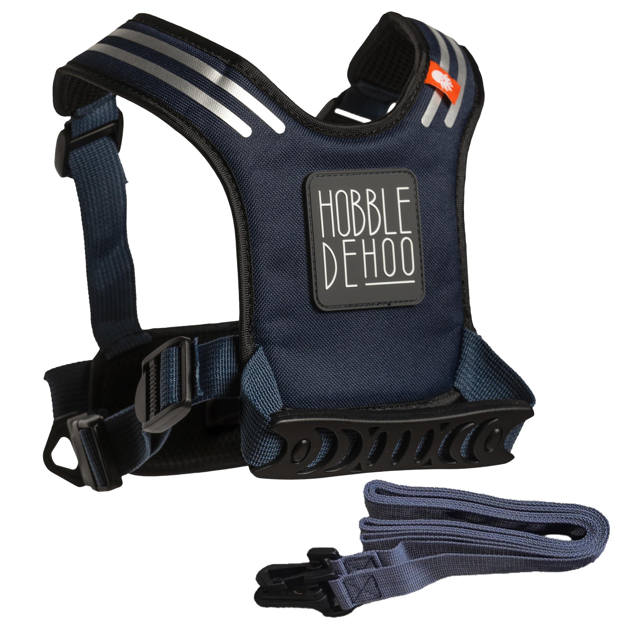 Hobble De Hoo blue harness front view for secure toddler walking.