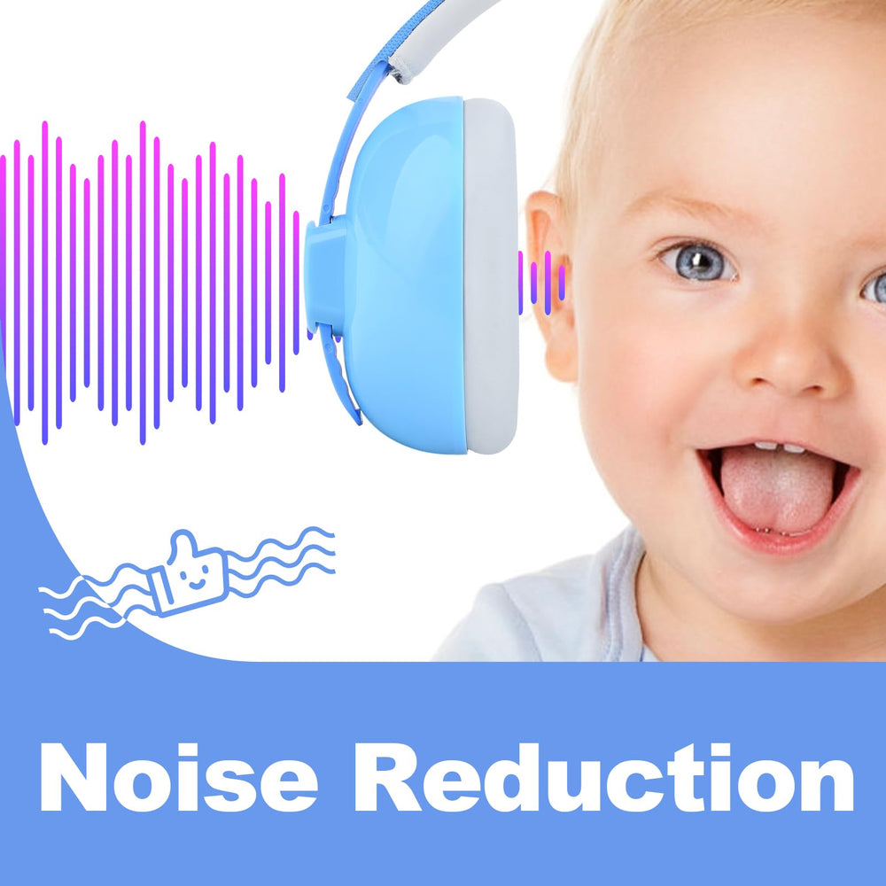 Hocazor HZ002 lightweight blue headphones being worn by an infant