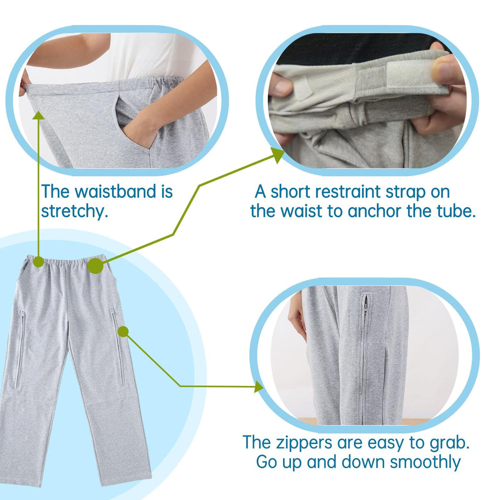 HOEOLYDI catheter pants include a catheter bag anchoring strap for added security.