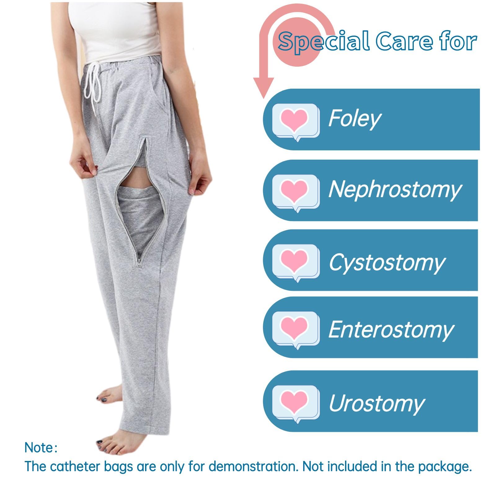 HOEOLYDI catheter pants feature elastic waistband and drawstring for comfortable fit during movement.