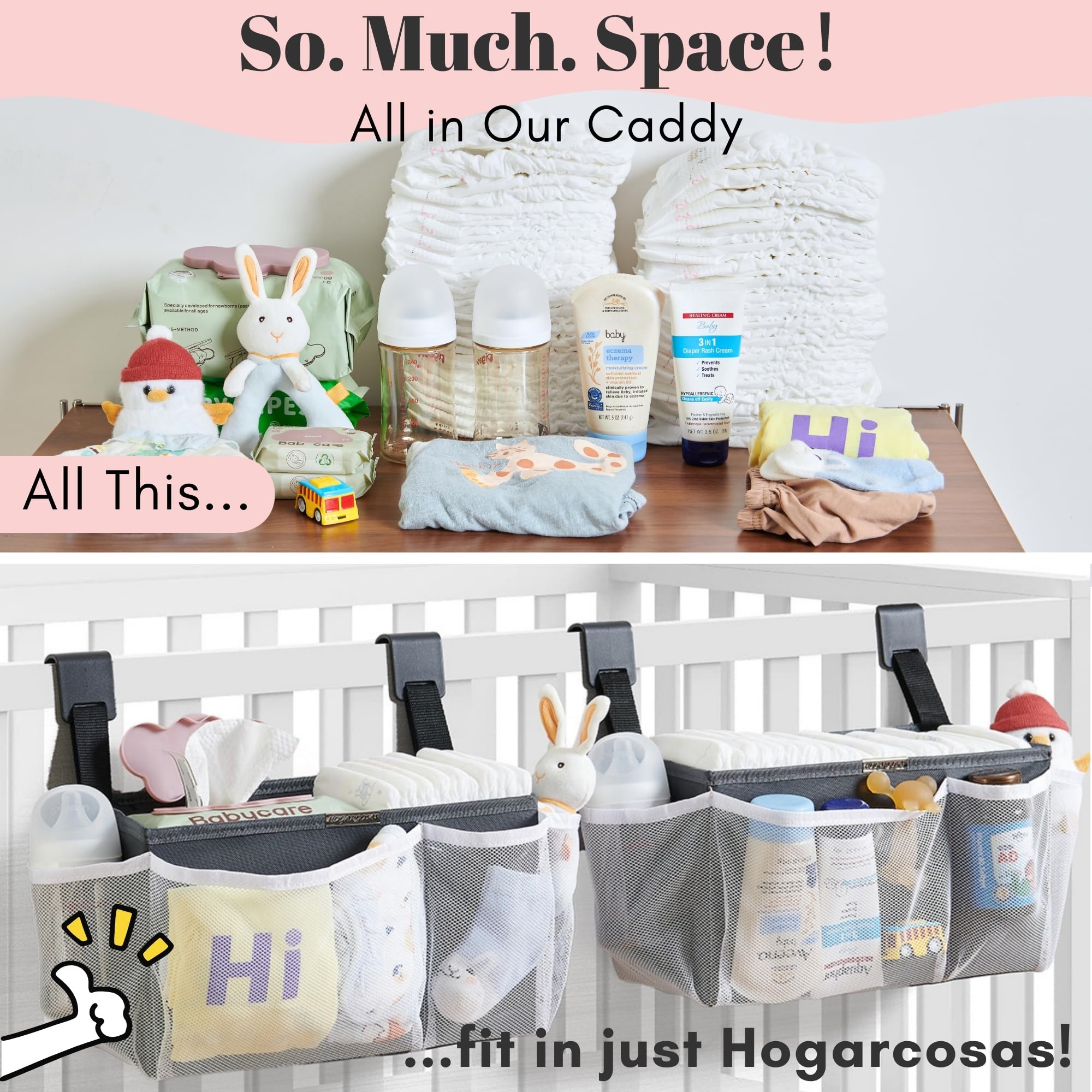 Durable oxford fabric with reinforced board supports the weight of baby items.