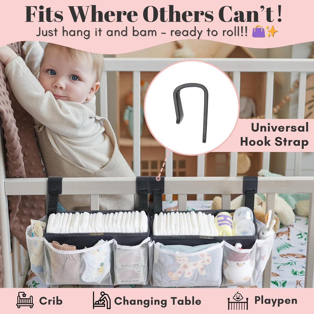 HOGARCOSAS organizer on changing table displaying large capacity for diapers and wipes.