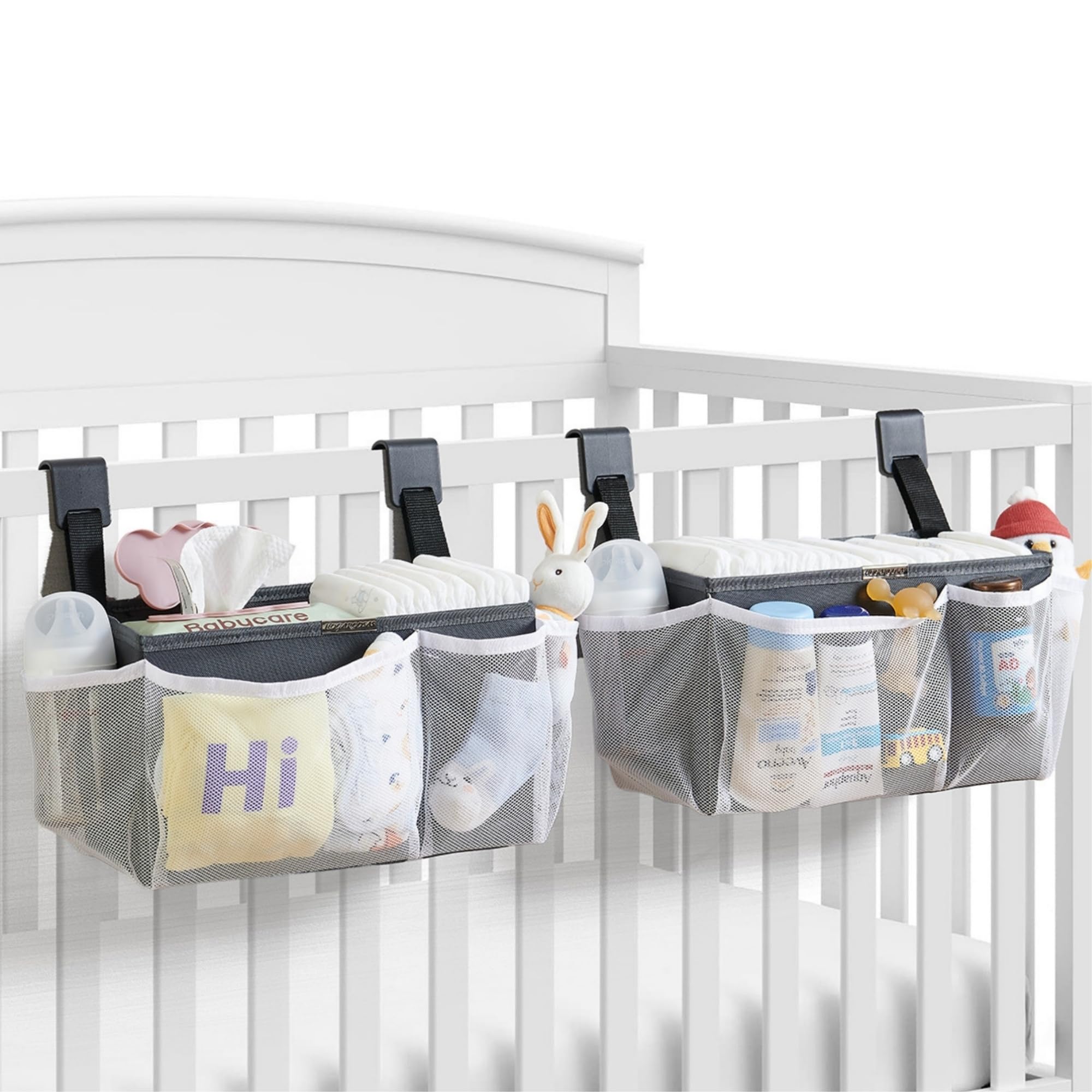 HOGARCOSAS hanging diaper organizer on crib edge keeps diapers within easy reach.