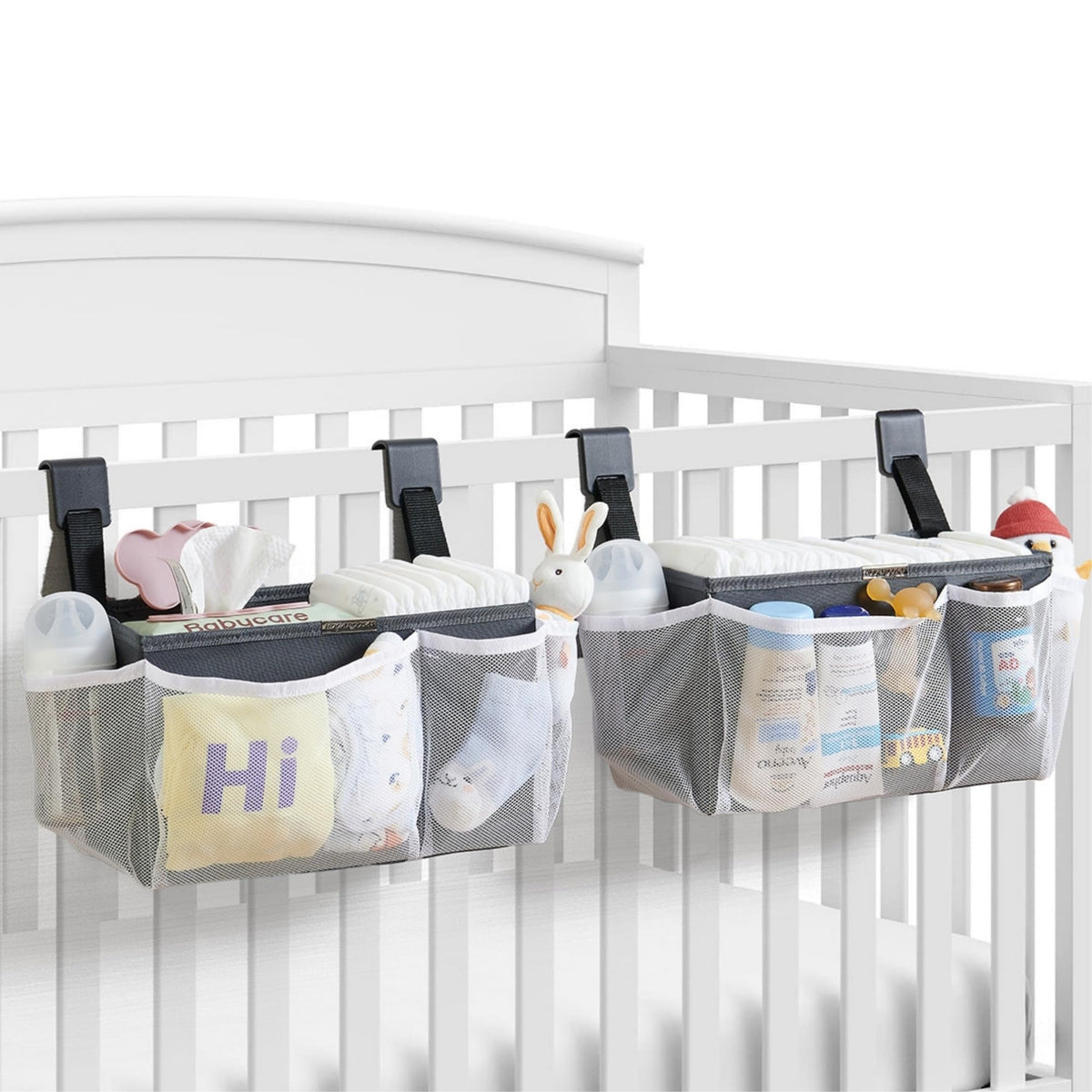 HOGARCOSAS hanging diaper organizer on crib edge keeps diapers within easy reach.