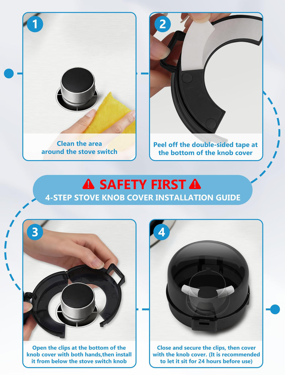 HOIGRBOM stove knob cover shown on a stove demonstrates one-handed operation.