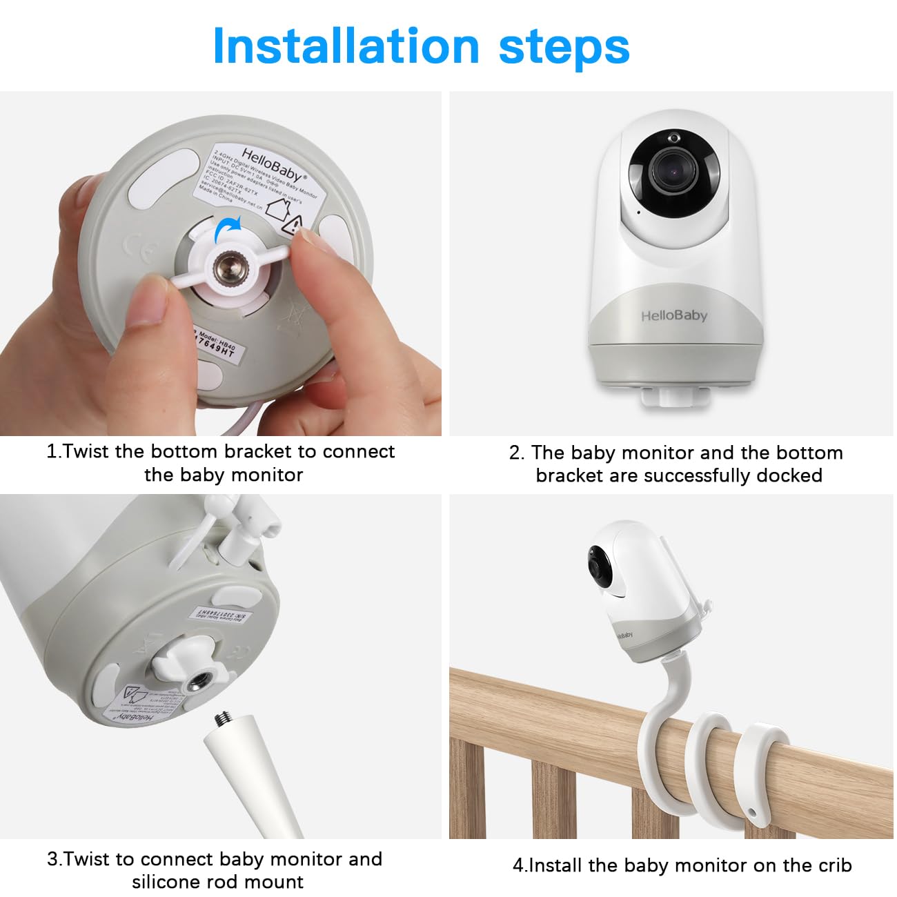 Holaca mount attached to crib rail offers hands-free monitoring from the bed area.