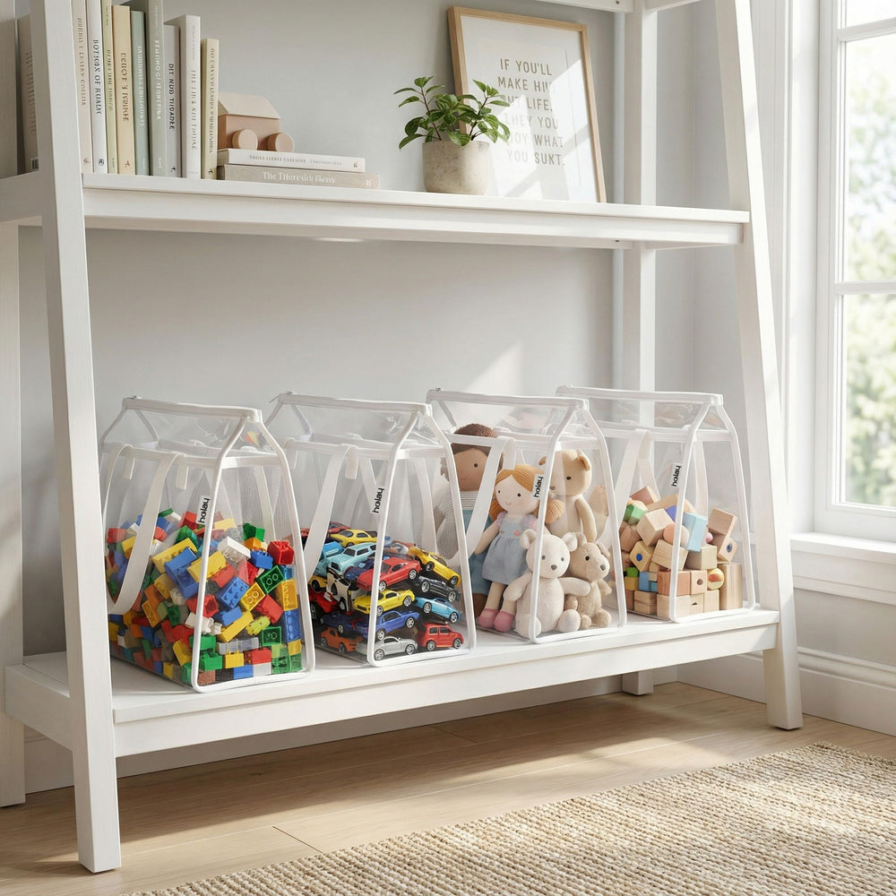 HOLAY four-pack mesh bags keep toys neatly separated for quick cleanups