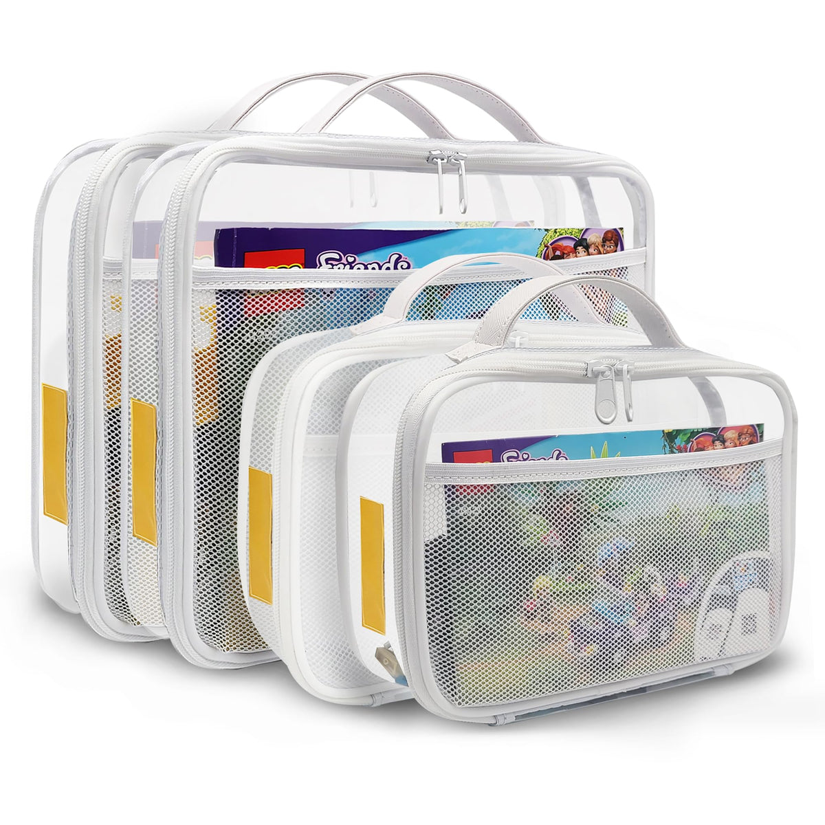 Holay PVC zippered blocks organizer closeup shows the name tag for quick contents identification.