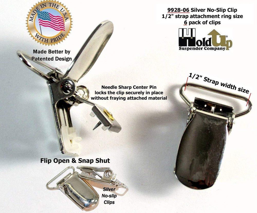 Hold-Up Suspender Co. silver 1-inch clip closeup shows durable opposing teeth for fabric protection.