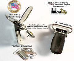 Hold-Up Suspender Co. silver 1-inch clip closeup shows durable opposing teeth for fabric protection.
