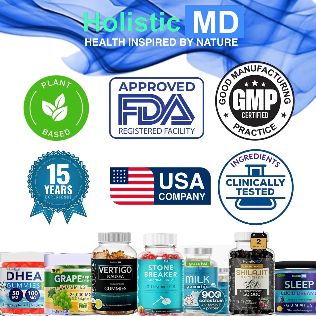 Holistic MD gummies texture close-up highlights soft chewiness.