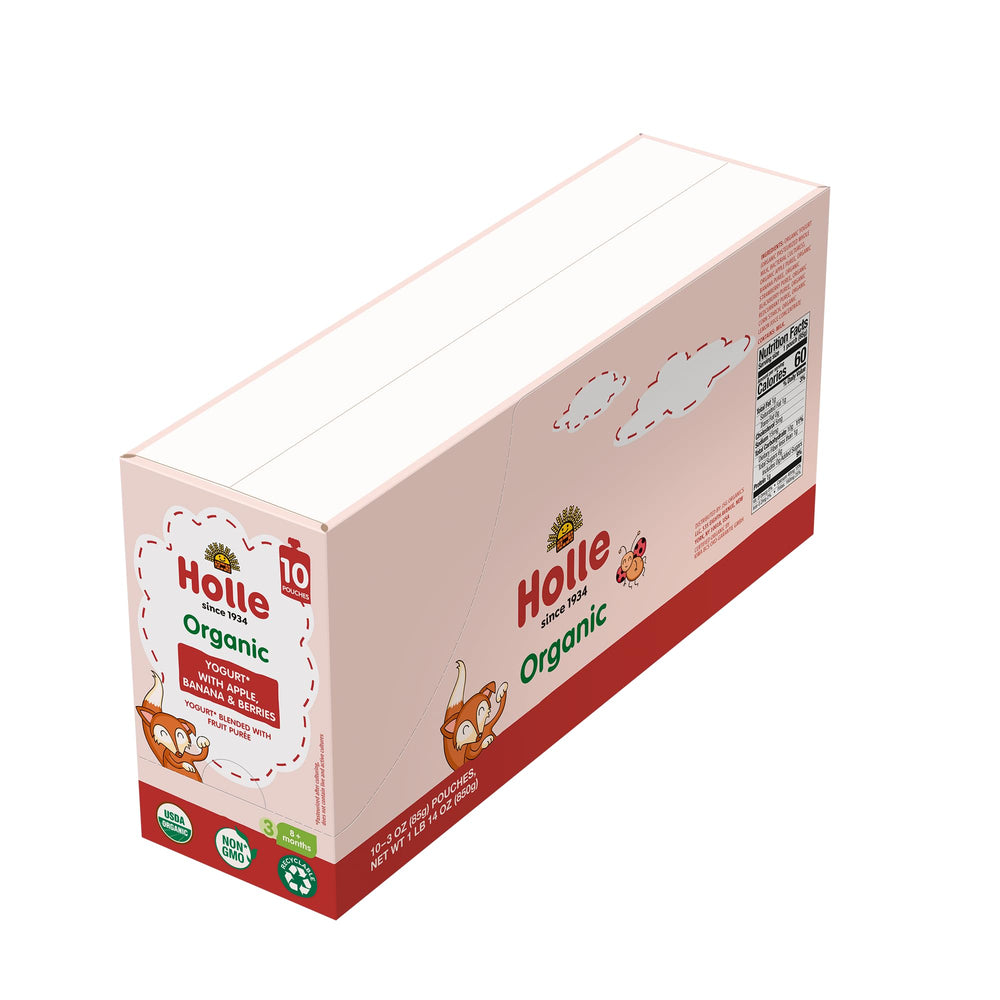 Holle yogurt pouch 10-pack on shelf, convenient for lunches and travel