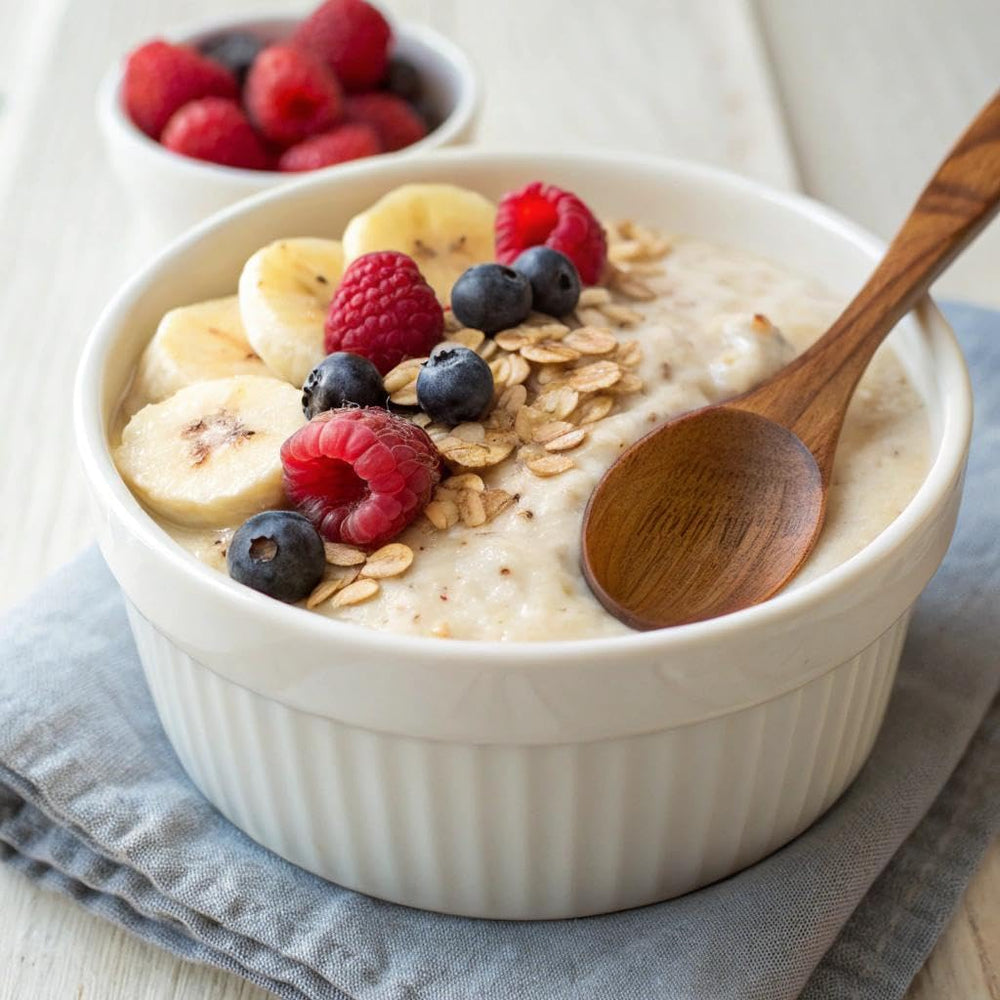 Holle Organic Four Grain Cereal close-up texture shows natural grains.