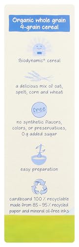 Holle Four Grain Cereal ingredients label emphasizes organic origin and four-grain blend.