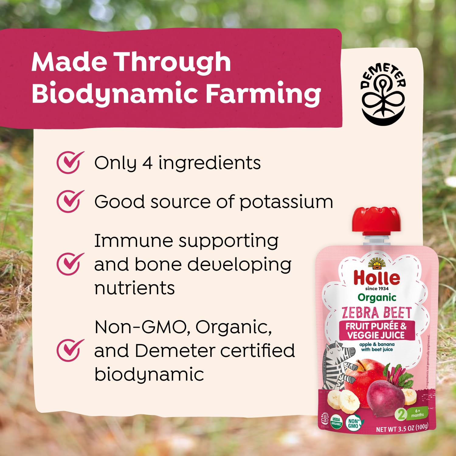 Holle organic ingredients image highlights apples, bananas, beets for a balanced baby snack