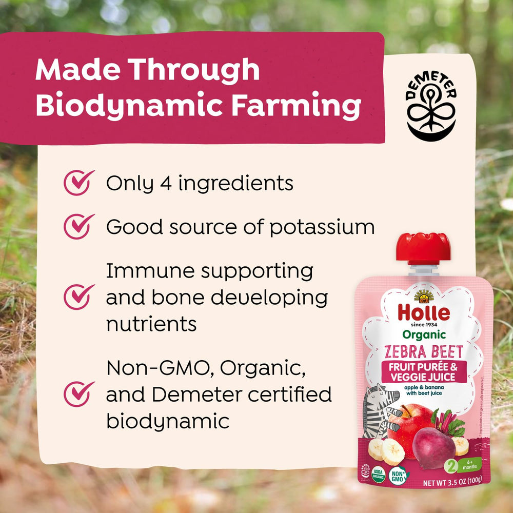 Holle organic ingredients image highlights apples, bananas, beets for a balanced baby snack