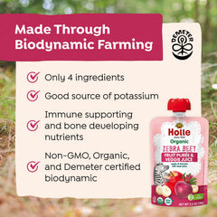 Holle organic ingredients image highlights apples, bananas, beets for a balanced baby snack