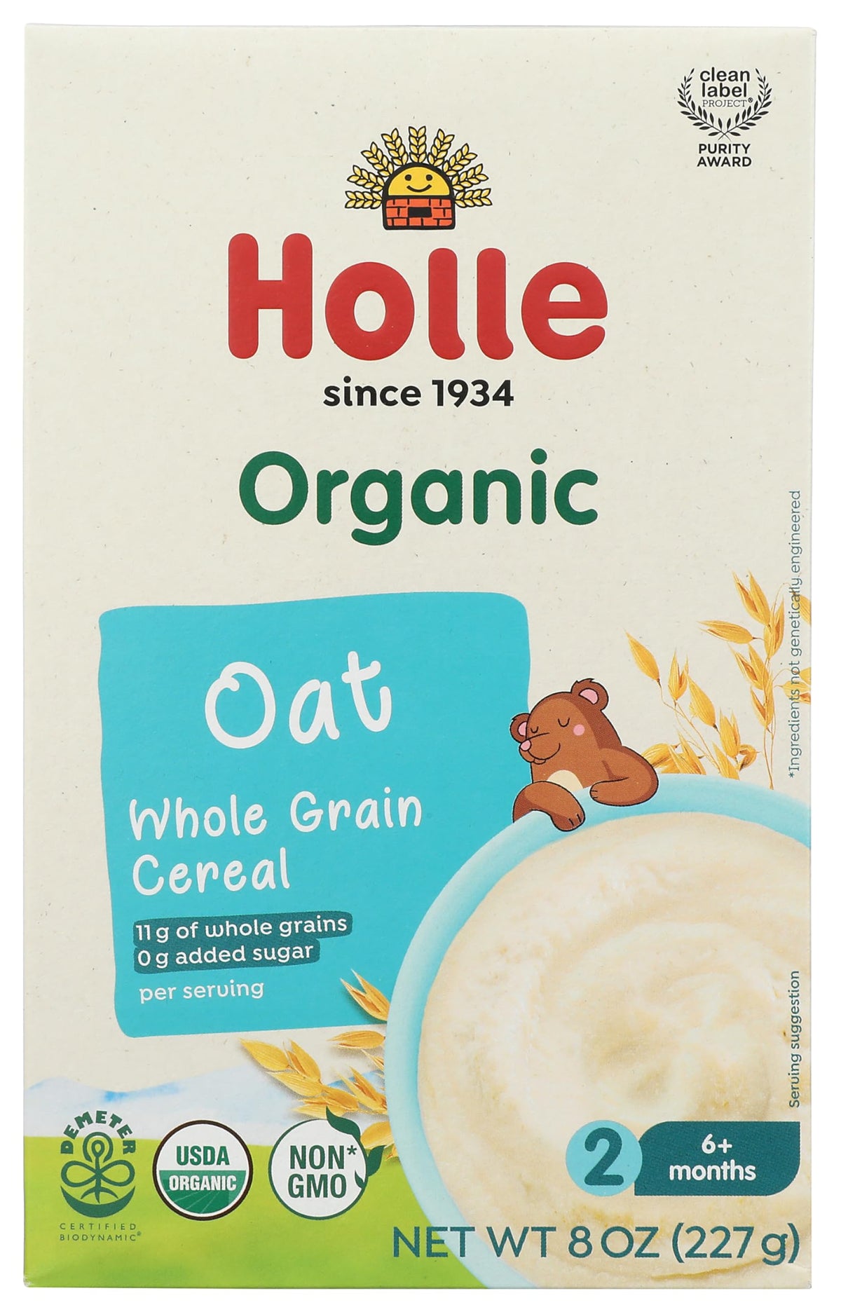 Holle Organic Wholegrain Oat Cereal box front showcasing Demeter oats for clean baby nutrition.