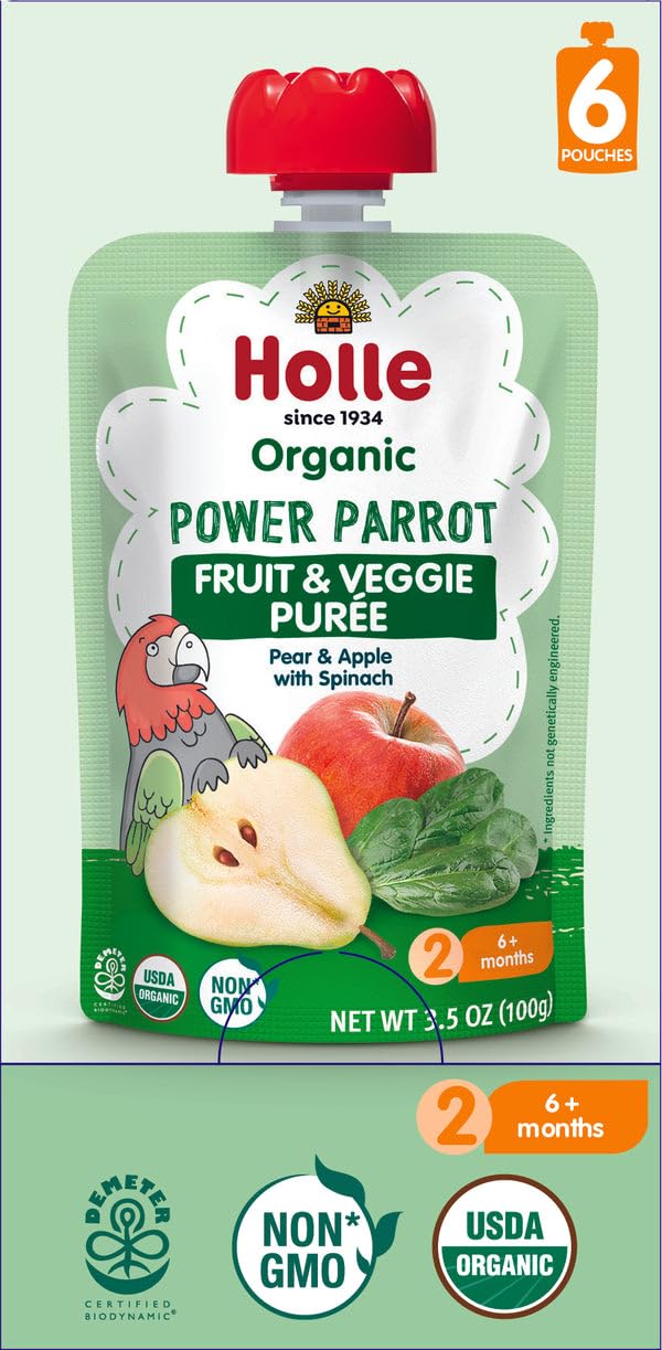 Holle Power Parrot puree pouch showing pear, apple and spinach for early weaning