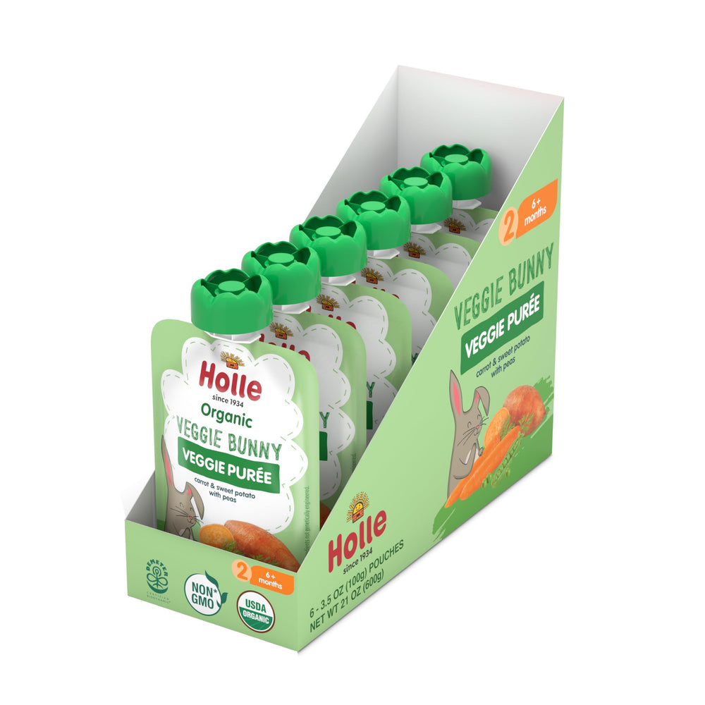 Six-pack Holle pouches provide trusted, organic baby snacks for daily routines.