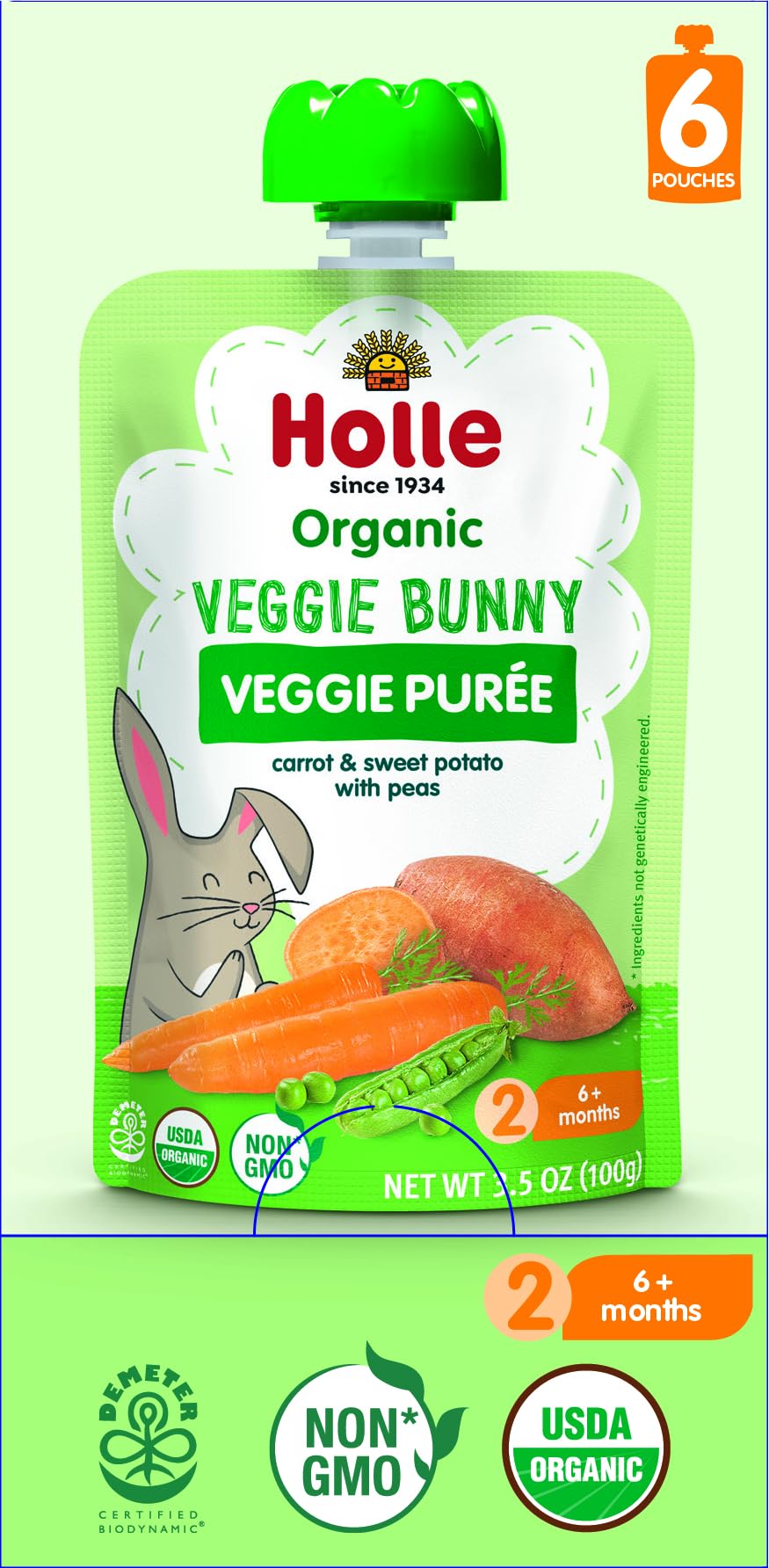 Holle Veggie Bunny pouch with carrots, peas, and sweet potato for on-the-go baby nutrition.