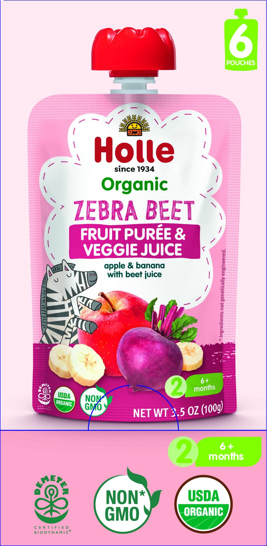 Holle Zebra beet puree front packaging shows organic apples, bananas, and beets for babies