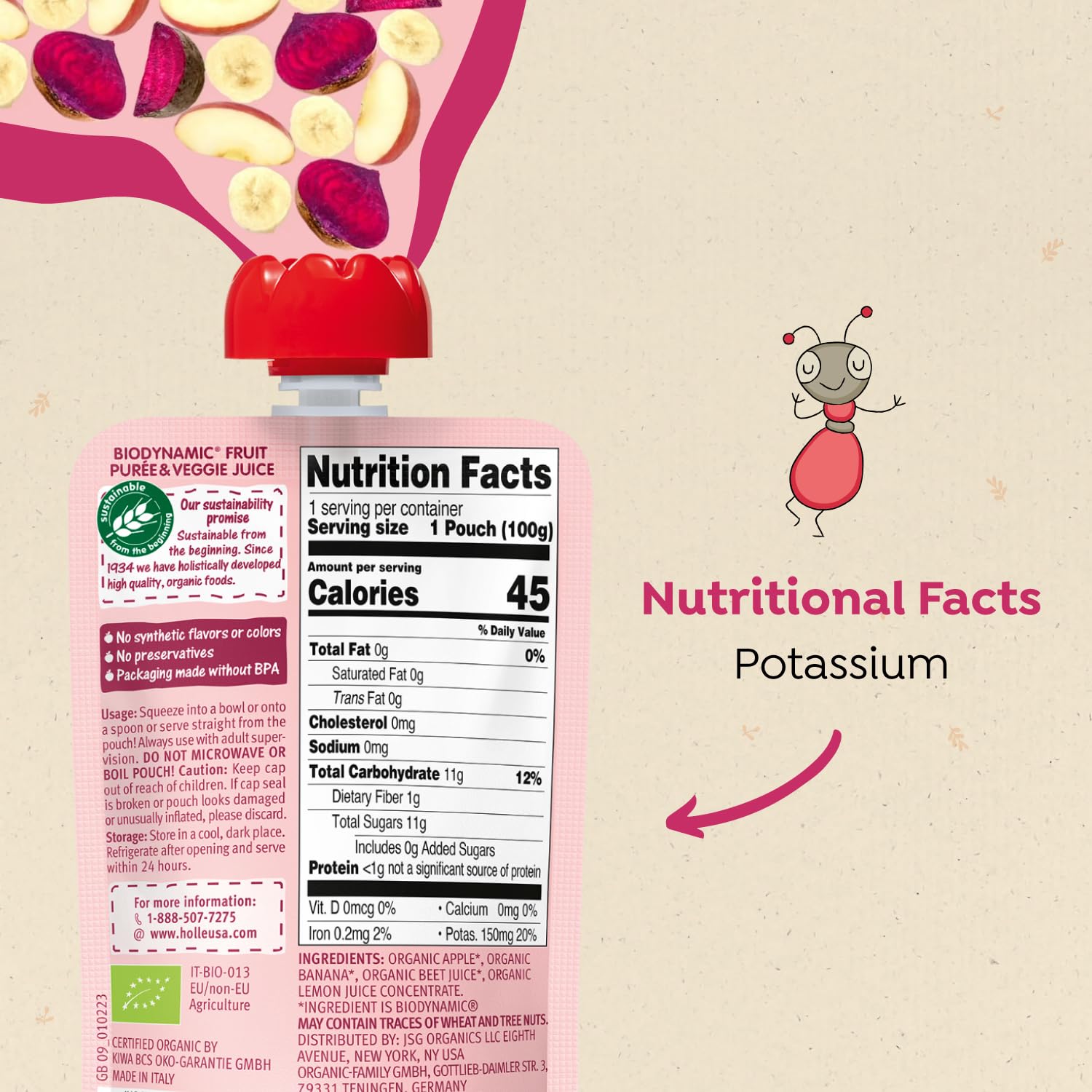 Holle Zebra beet puree open pouch enables easy on the go feeding for busy families
