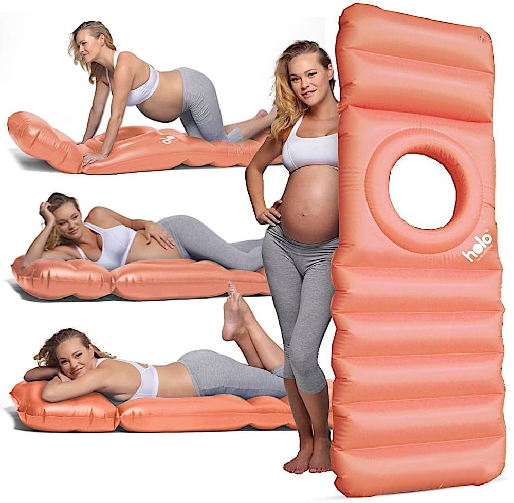 HOLO original inflatable pregnancy pillow with hole, front view, supports tummy sleeping.