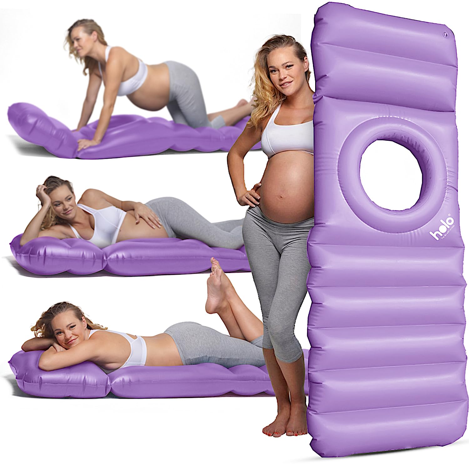 HOLO pregnancy pillow with hole front view supports belly and back during tummy sleeping.