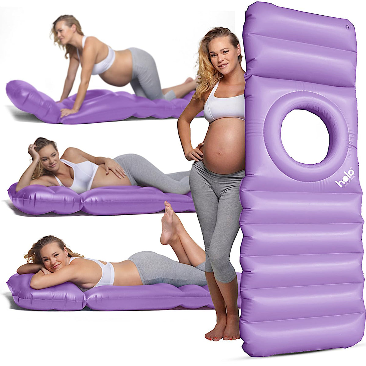 HOLO pregnancy pillow with hole front view supports belly and back during tummy sleeping.