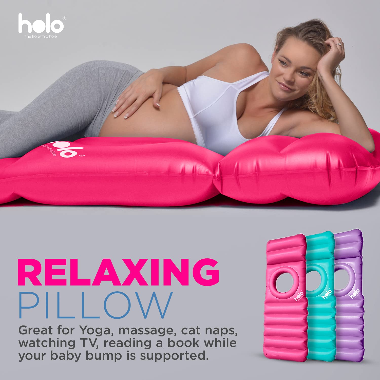 HOLO pregnancy pillow highlights tummy hole and spacious tummy section for support.