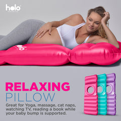 HOLO pregnancy pillow highlights tummy hole and spacious tummy section for support.