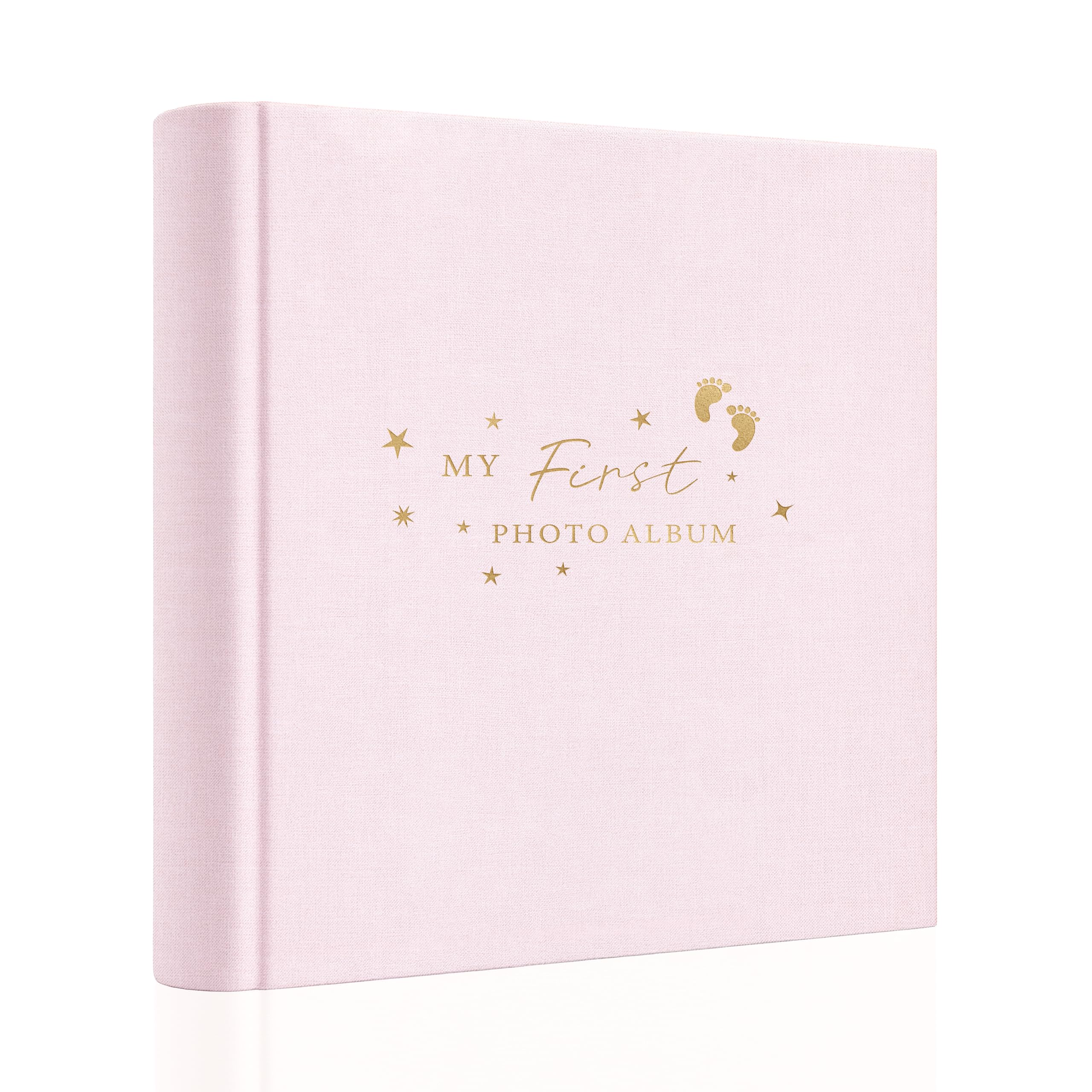 Holoary Baby Photo Album pink linen cover with front view and stylish hot stamping for keepsakes.