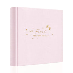 Holoary Baby Photo Album pink linen cover with front view and stylish hot stamping for keepsakes.