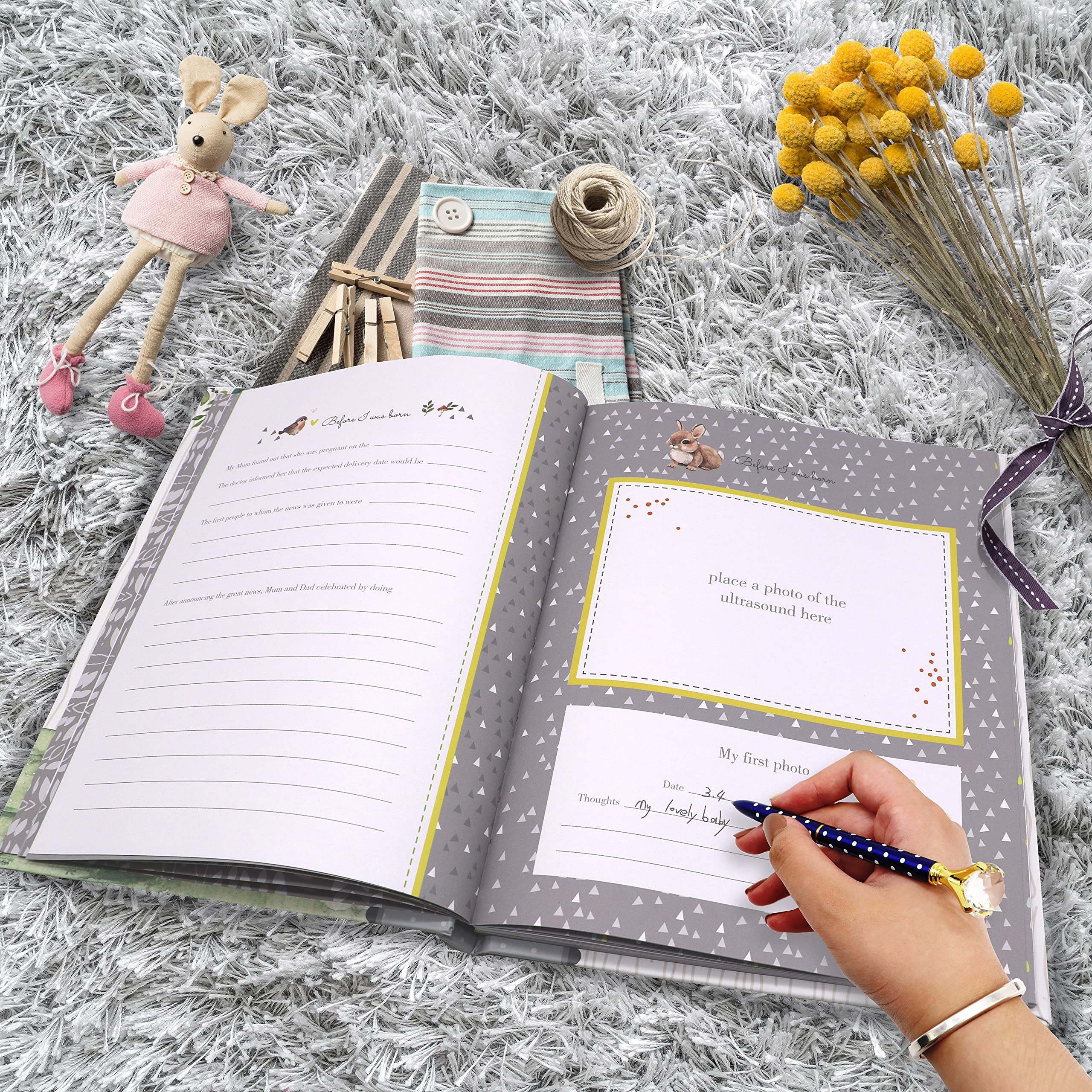 Holoary birth announcement and welcome home section helps document arrival.
