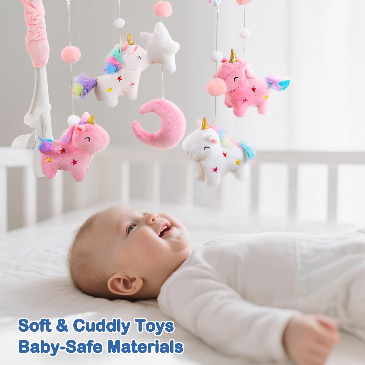 HOLYFUN unicorn crib mobile rotates 360 degrees to support visual tracking.