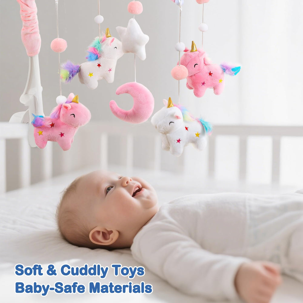 HOLYFUN unicorn crib mobile rotates 360 degrees to support visual tracking.