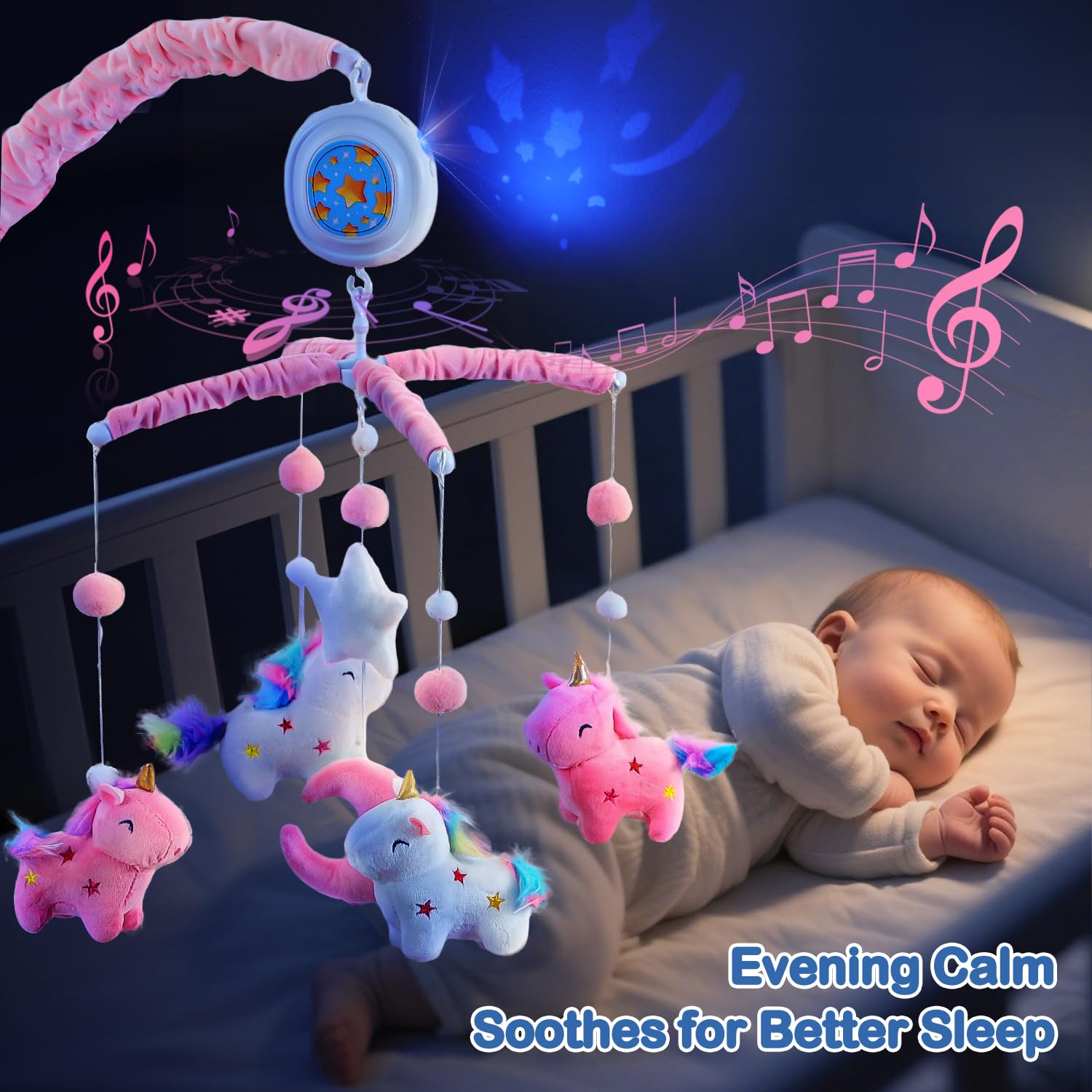 HOLYFUN unicorn music box provides 100+ lullabies with adjustable volume.