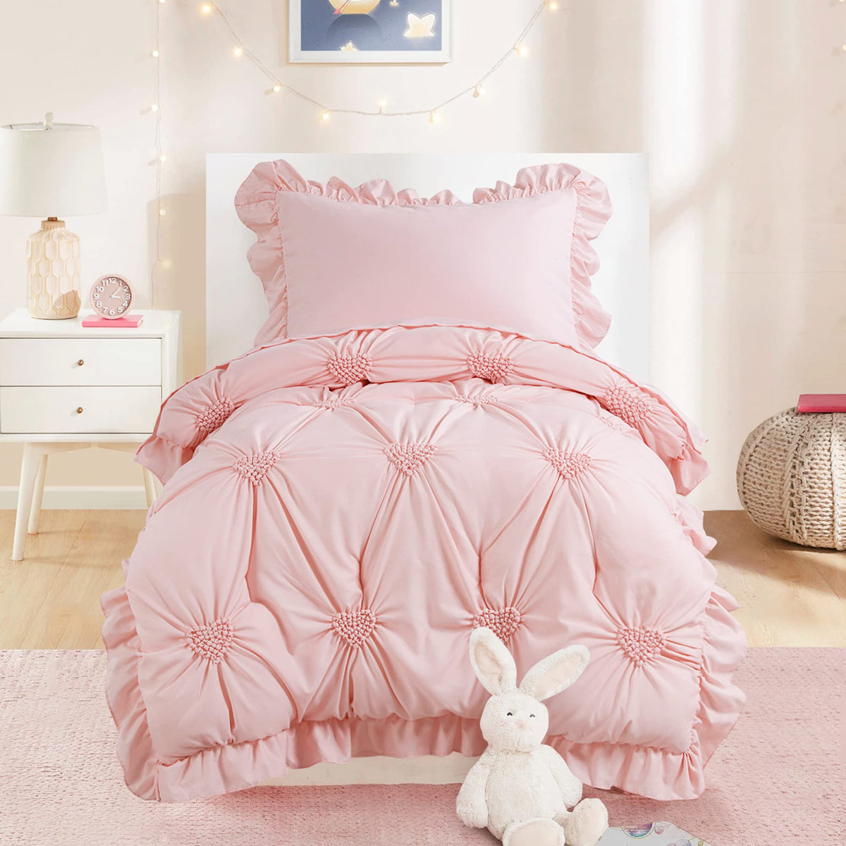 HOMBYS pink princess bedding pintuck with ruffles for a cozy bedtime look.