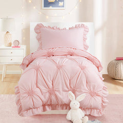 HOMBYS pink princess bedding pintuck with ruffles for a cozy bedtime look.